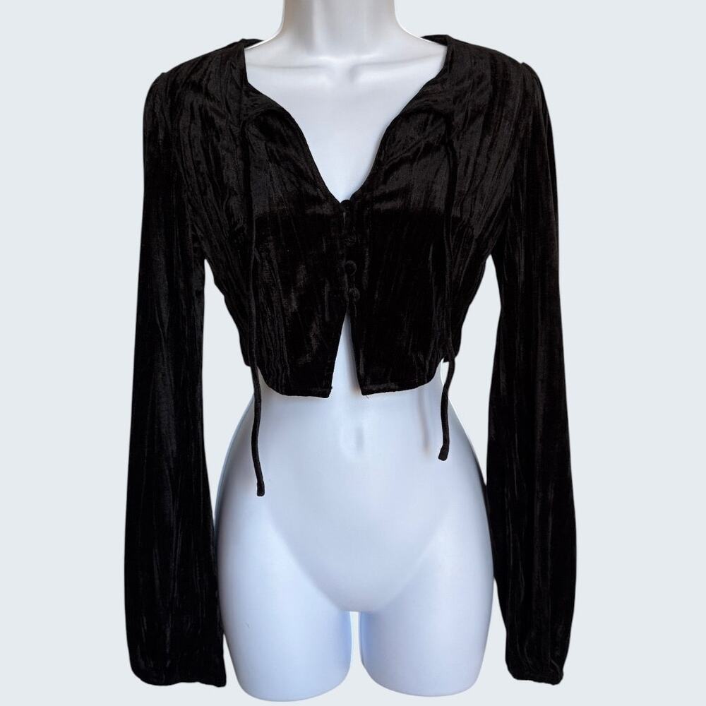 Emory Park Dark Romantic Long Sleeve Velvet Crop Top with Buttons and Tie size S